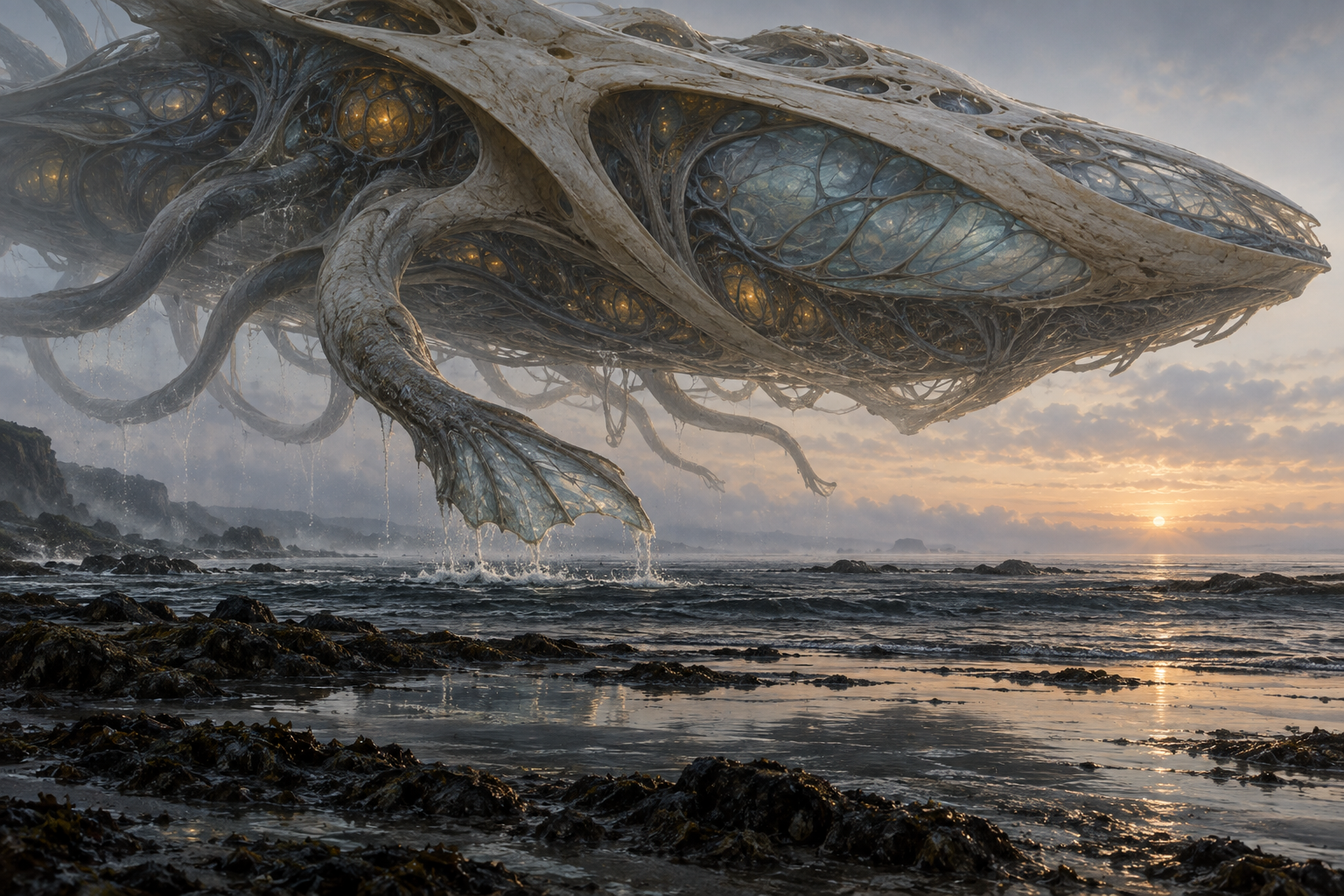 A living vessel lifts from a tidal shore, its translucent chambers held within bone-like arches and its open limbs trailing seawater